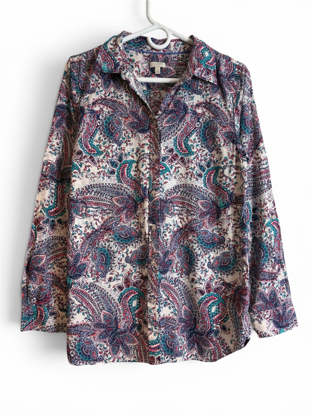 Talbots Cotton Paisley Boho Roll Sleeve Button Down Blouse